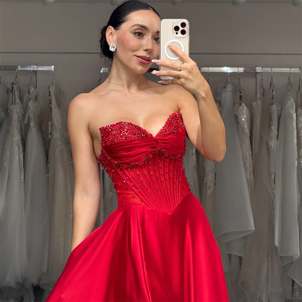 Cathy Customized Red Strapless Side High Split Prom Dresses Sequins Sleeveless vestidos de noiva A-Line Appliques Evening Dress image 5