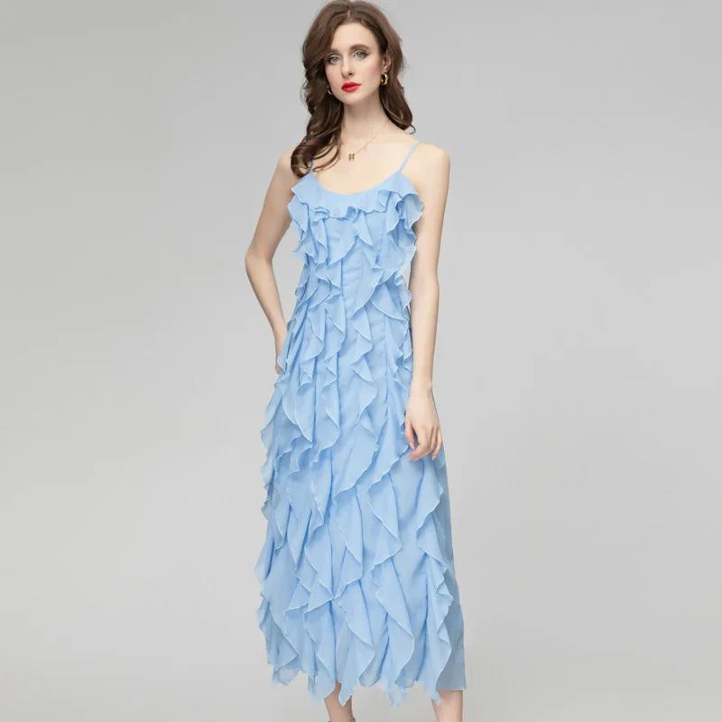 

Spring New Fashion Runway Light Blue Elegant Sling Dress Women O Neck Sleeveless Ruffles High Waist Slim A-LINE Long Dress