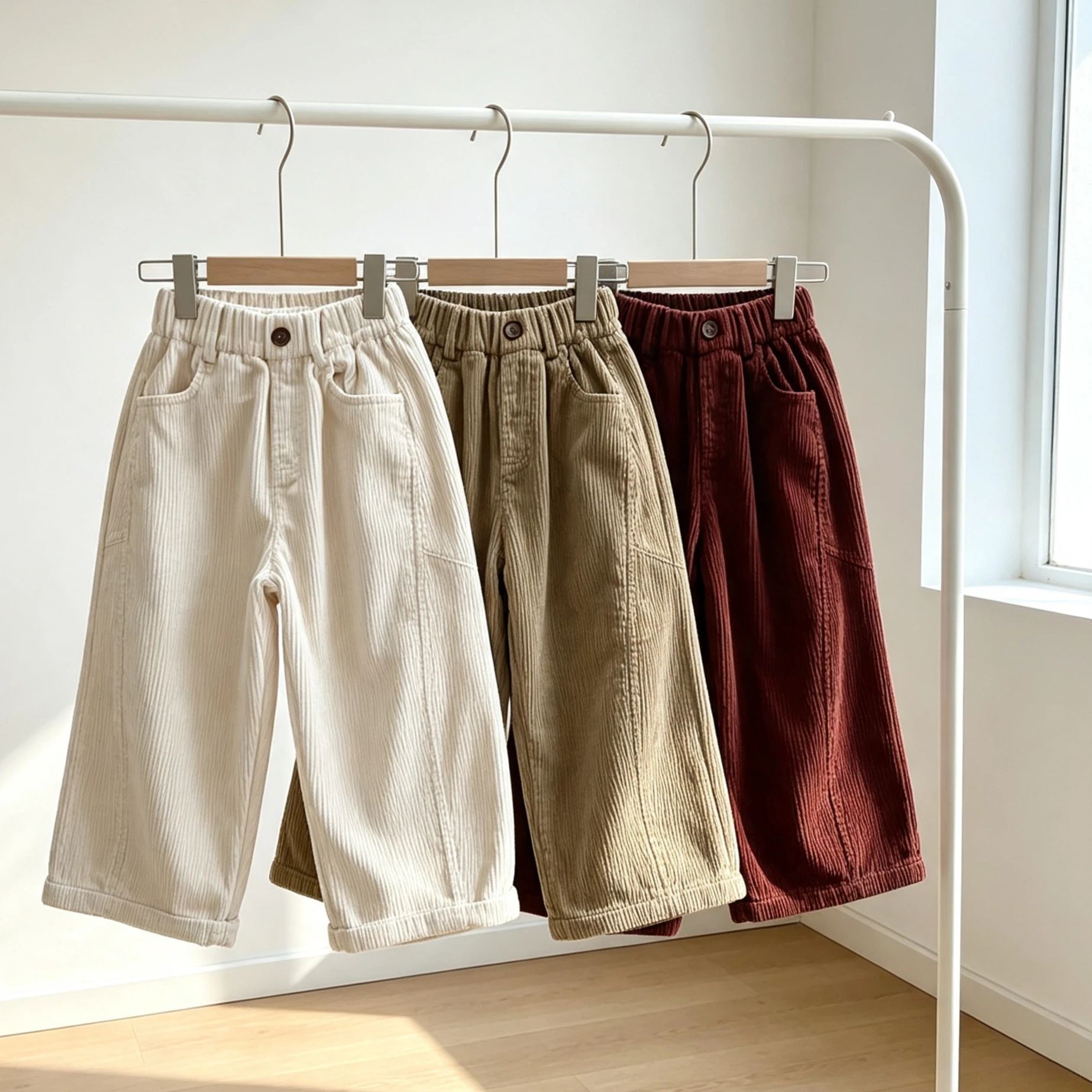 Children's Corduroy Curved Pants Retro Style Loose Straight Trousers Buttoned Waist Minimalist Autumn Winter Boys Girls Bottoms
