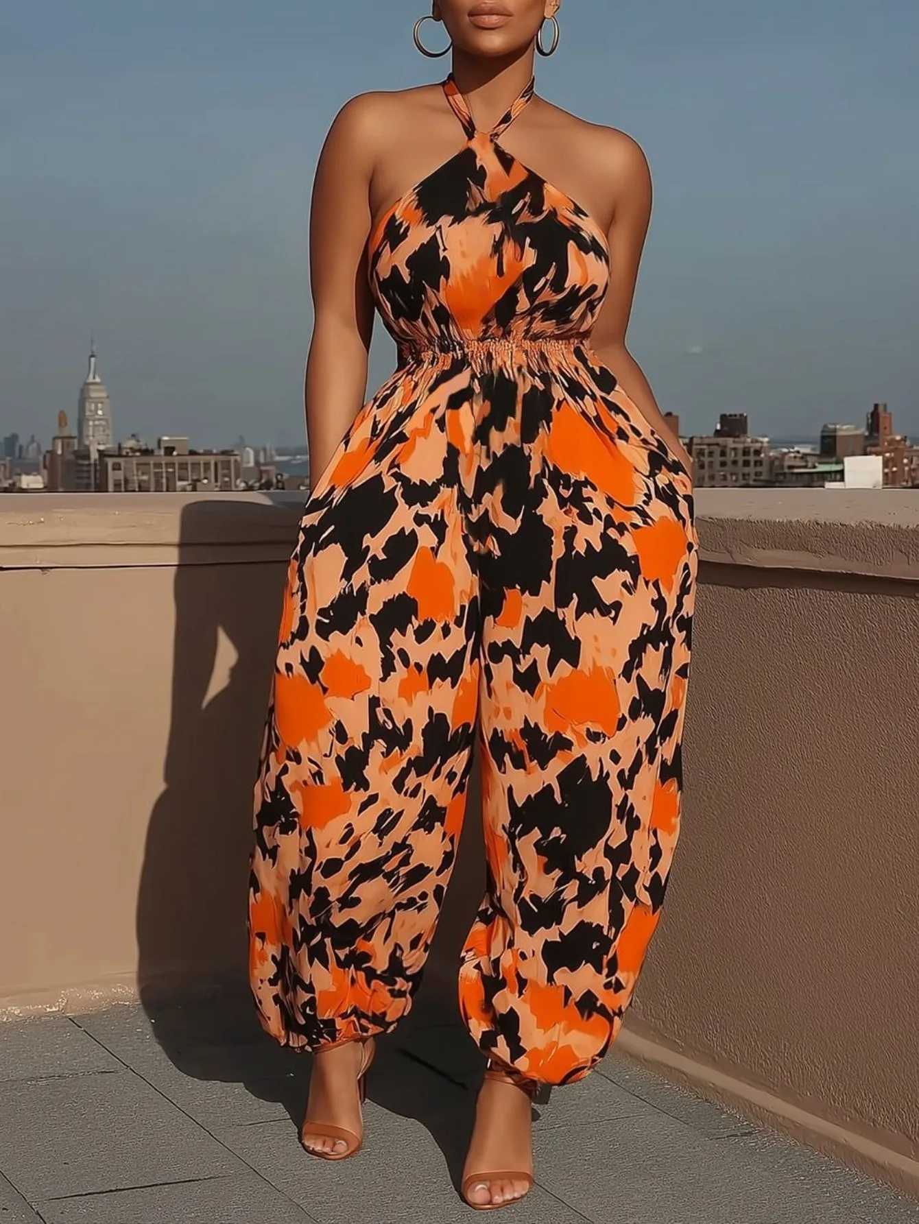 

Boho Abstract Print Halter Neck Jumpsuit for Women Ruched Waist Harem Pants with Pockets Sleeveless Casual Vacation Beach Outfit