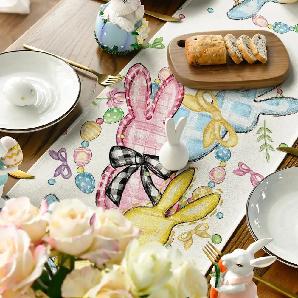 Easter Bunny Floral Bow Rabbits Eggs Linen Table Runner Party Decor Spring Farmhouse Kitchen Table Runner Easter Decorations