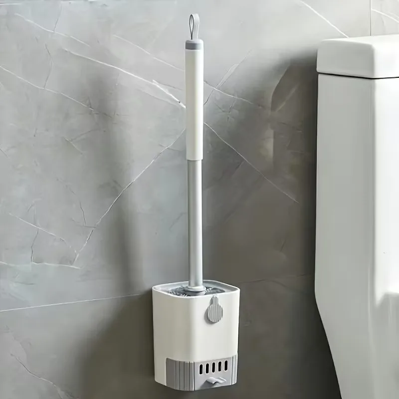 Long-handled wall-mounted toilet brush set，Matching storage rack，The flexible brush head allows for thorough cleaning without le