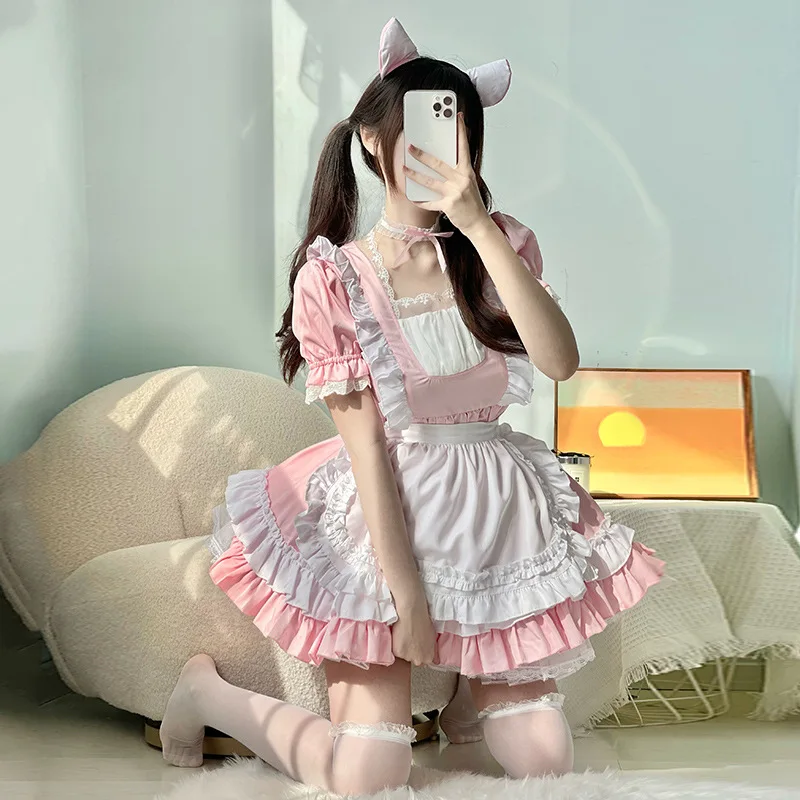 

Sakura Neko Maid Lolita Set Blush Pink Cat Ear Dress Japanese Anime Cosplay Costume for Kawaii Cafe Roleplay Anime Cafe Events
