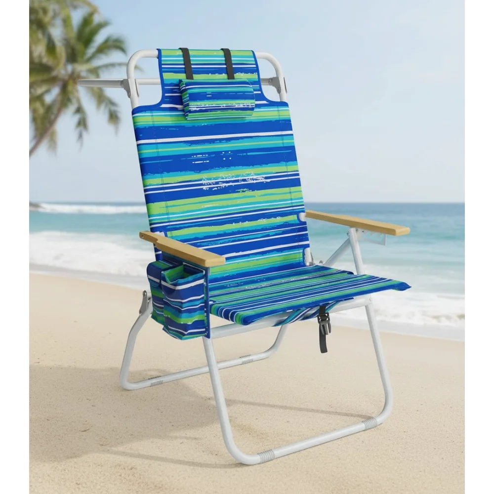 

Tall Beach Chair for Adults with Cooler Pouch, 5-Position Reclining, Wooden Armrests, Supports 350LBS - Blue&Green Striped