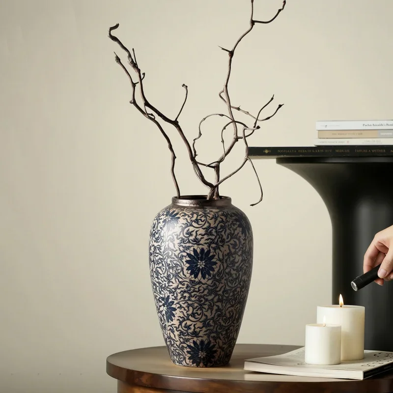 Retro Rough Pottery Ceramic Vase, New Chinese Style Floral Arrangement Vase for Living Room Entryway Home Desktop Decoration