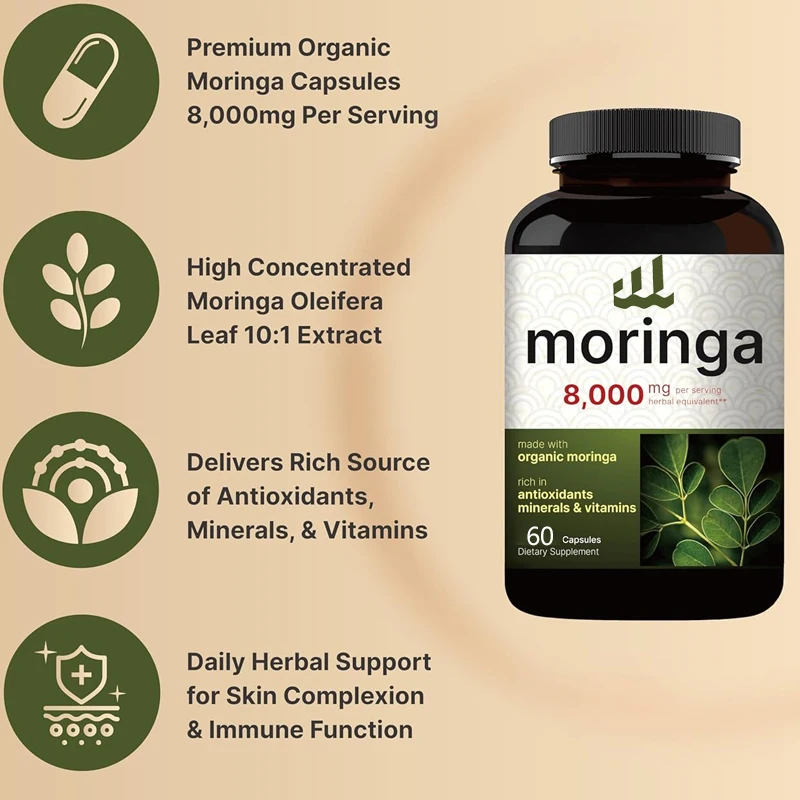 Moringa Capsules 8000 milligrams per serving | Green Superfood, Skin Health and Immune Support | Non GMO, gluten free