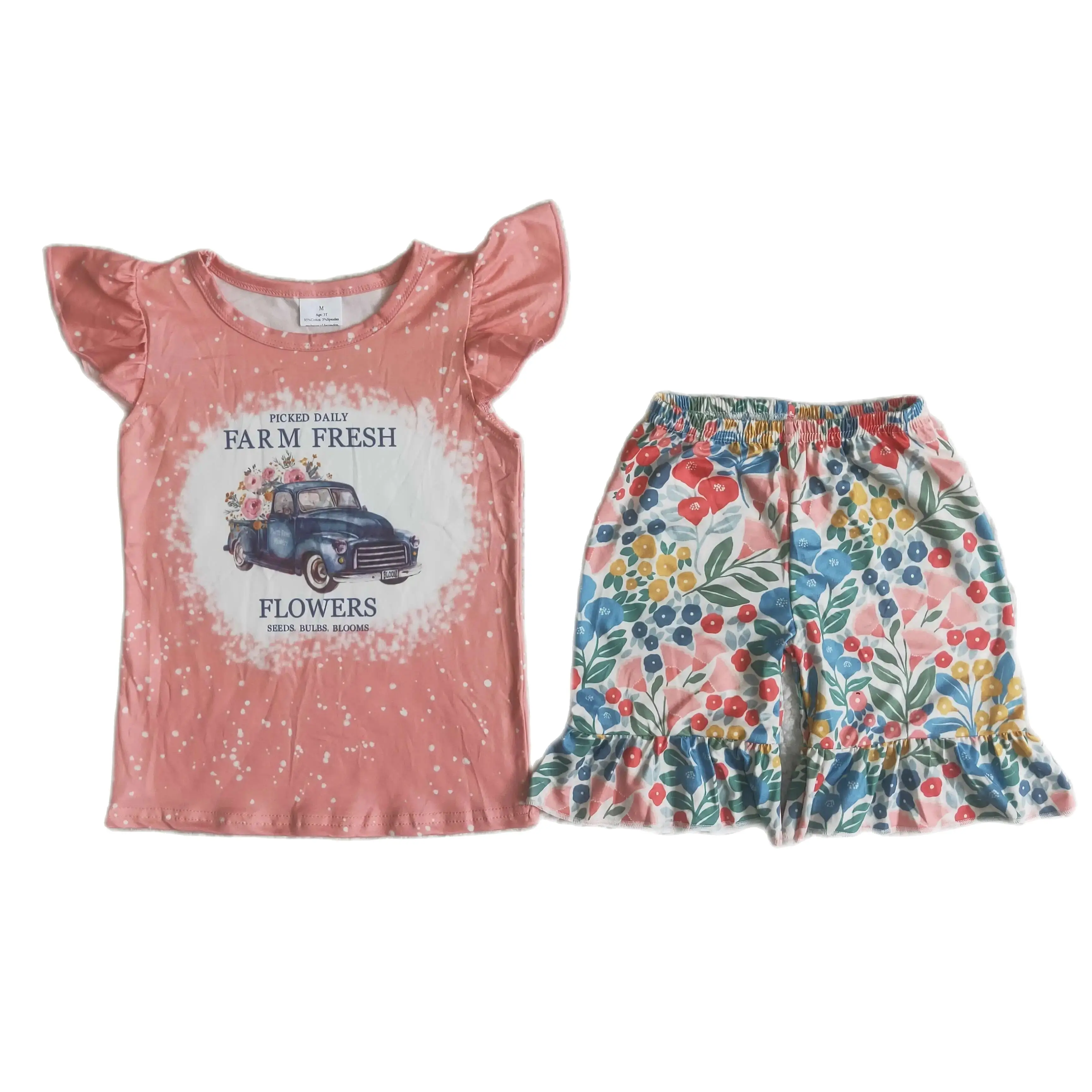 C4-24  Kids  Girls Summer Outfit  Sets Flying Sleeves Top Flower Truck Print With Shorts Children Clothes