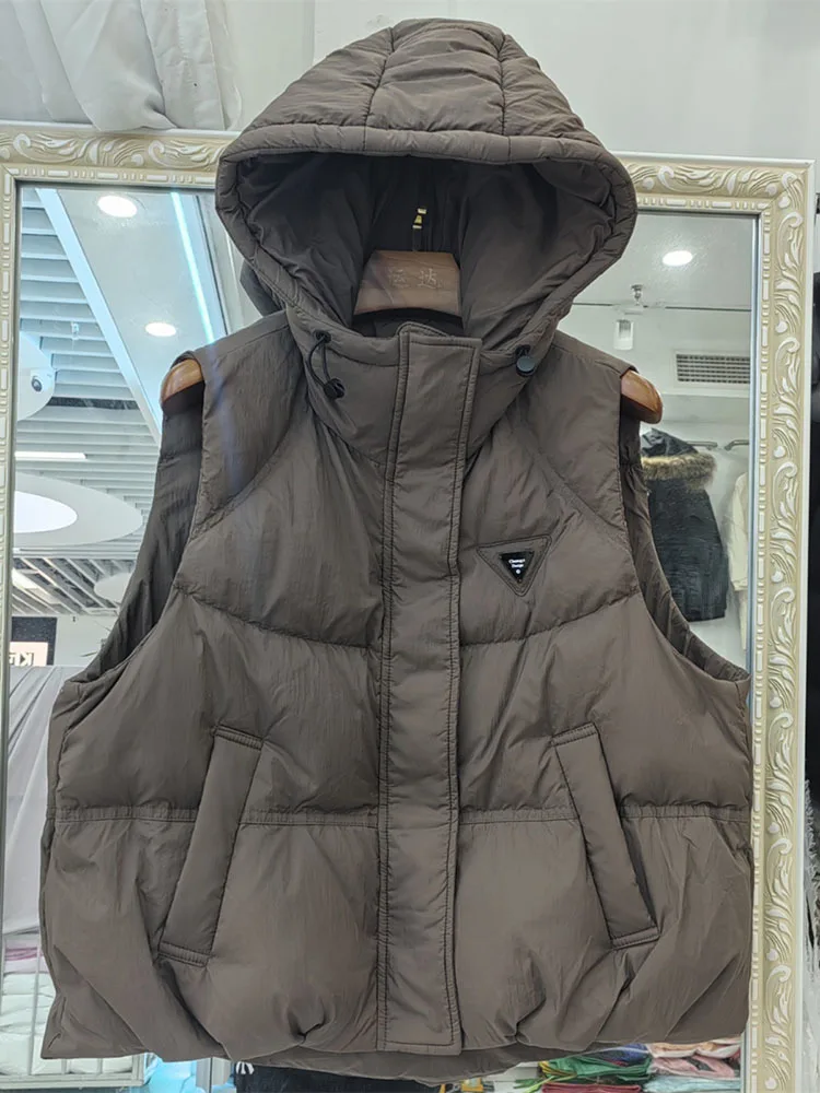 Women White Duck Down Sleeveless Jacket with Hood Casual Over Size Autumn Winter Warm Loose Thick Fashionable Vest New