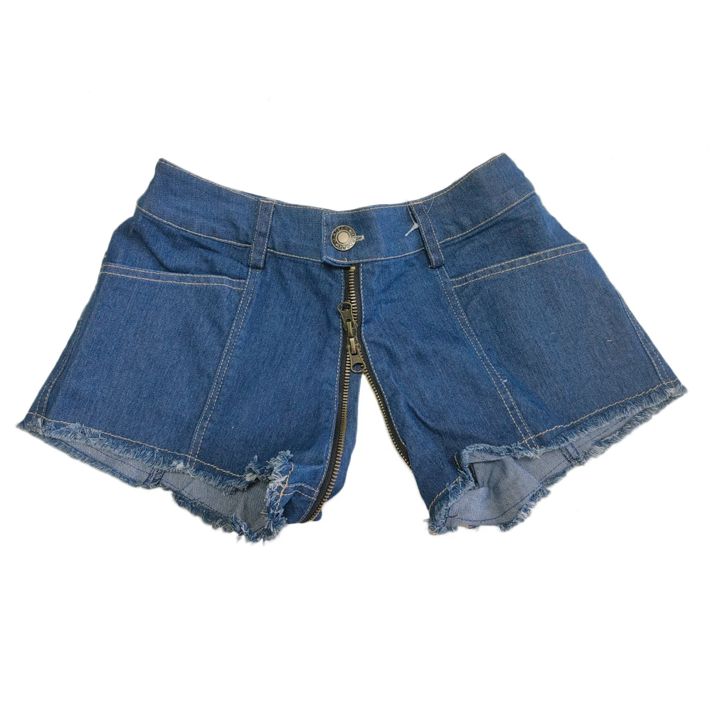 Sexy Women Tassel Low Rise Waist Hot Short Two Way Zipper Open Crotch Sexy Denim Booty Sexy Maid Beach Jeans Shorts Plus