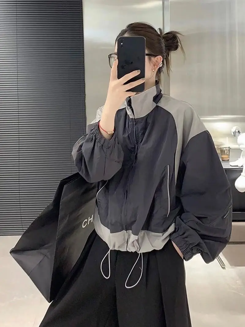 Women Cropped Jacket Oversized Patchwork Chic Coats Female Harajuku Y2k Zip Up Windbreaker Korean Fashion Jackets Streetwear