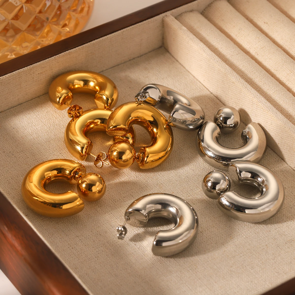 18K Gold Plated Chunky Hoop Earrings for Women 316L Stainless Steel Waterproof Tarnish Free C Wear Lightweight Trendy Earrings