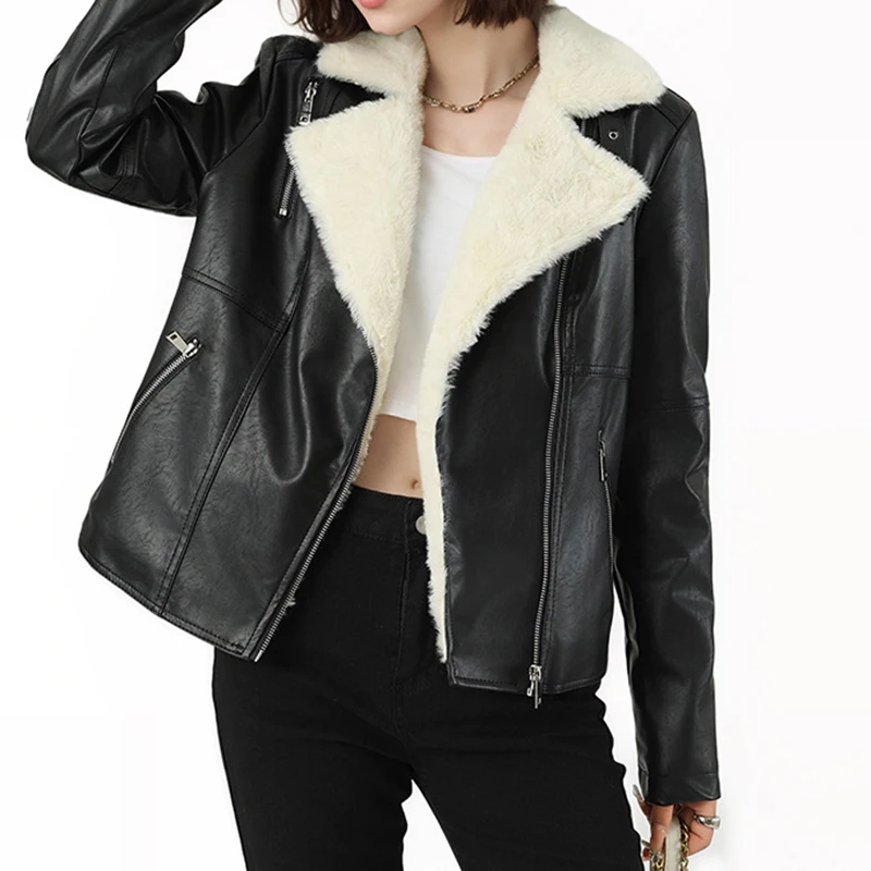 2025 New Fashion Winter Thickened Fur-Lined Coat for Women Zipper Design PU Leather Jacket Female Trendy