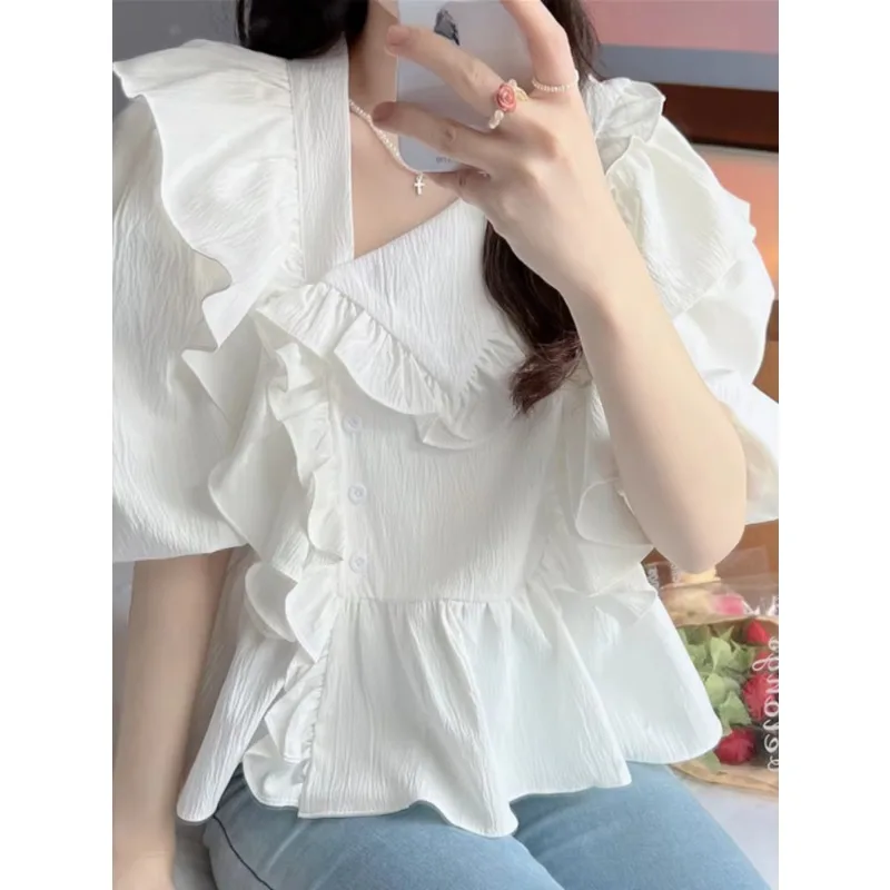 

French Sweet Blouses Solid Color V Neck Puff Sleeve Ruffles Irregular Design Shirts Summer Crop Tops 2025 Loose Women's Clothing