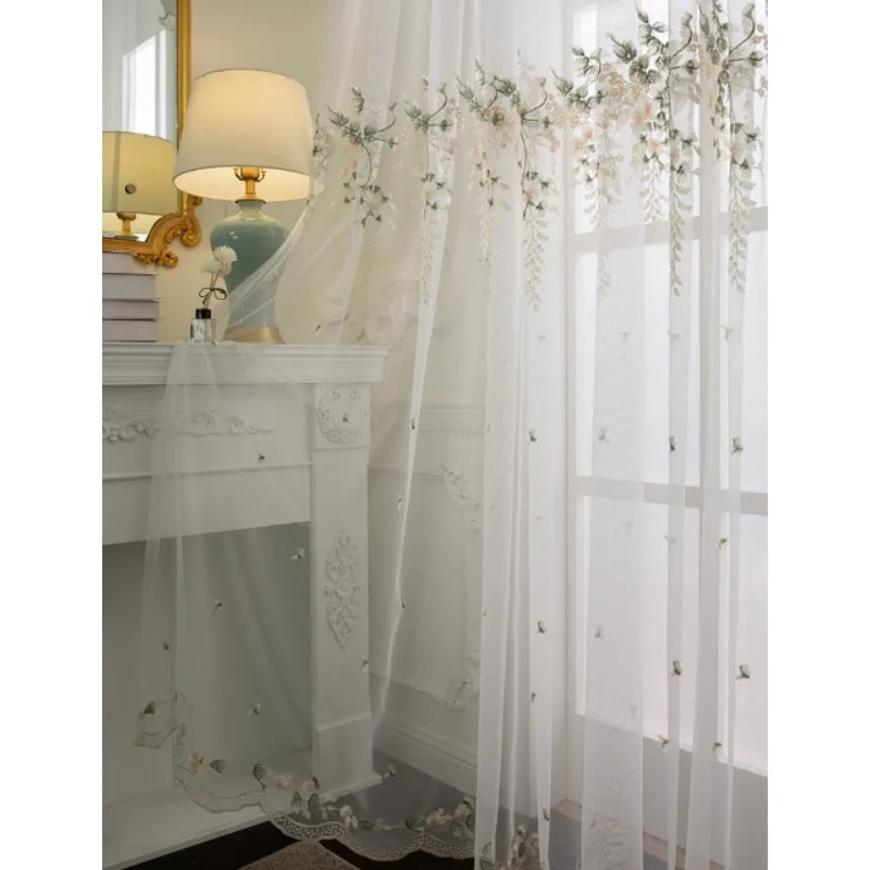 American Countryside Floral Embroidery Rattan White Gauze Curtains, Living Room Bedroom Balcony Curtains