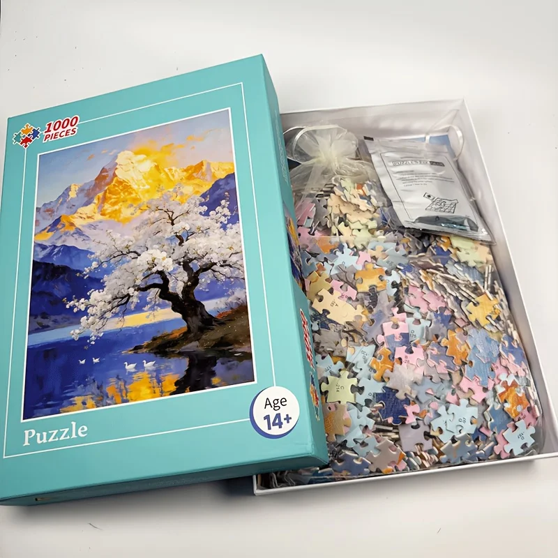 

1000pcs Jigsaw Puzzle Pear Blossom Snow Mountain Sunrise Design 70x50cm Velvet Surface Thickness 2.2mm White Cardboard
