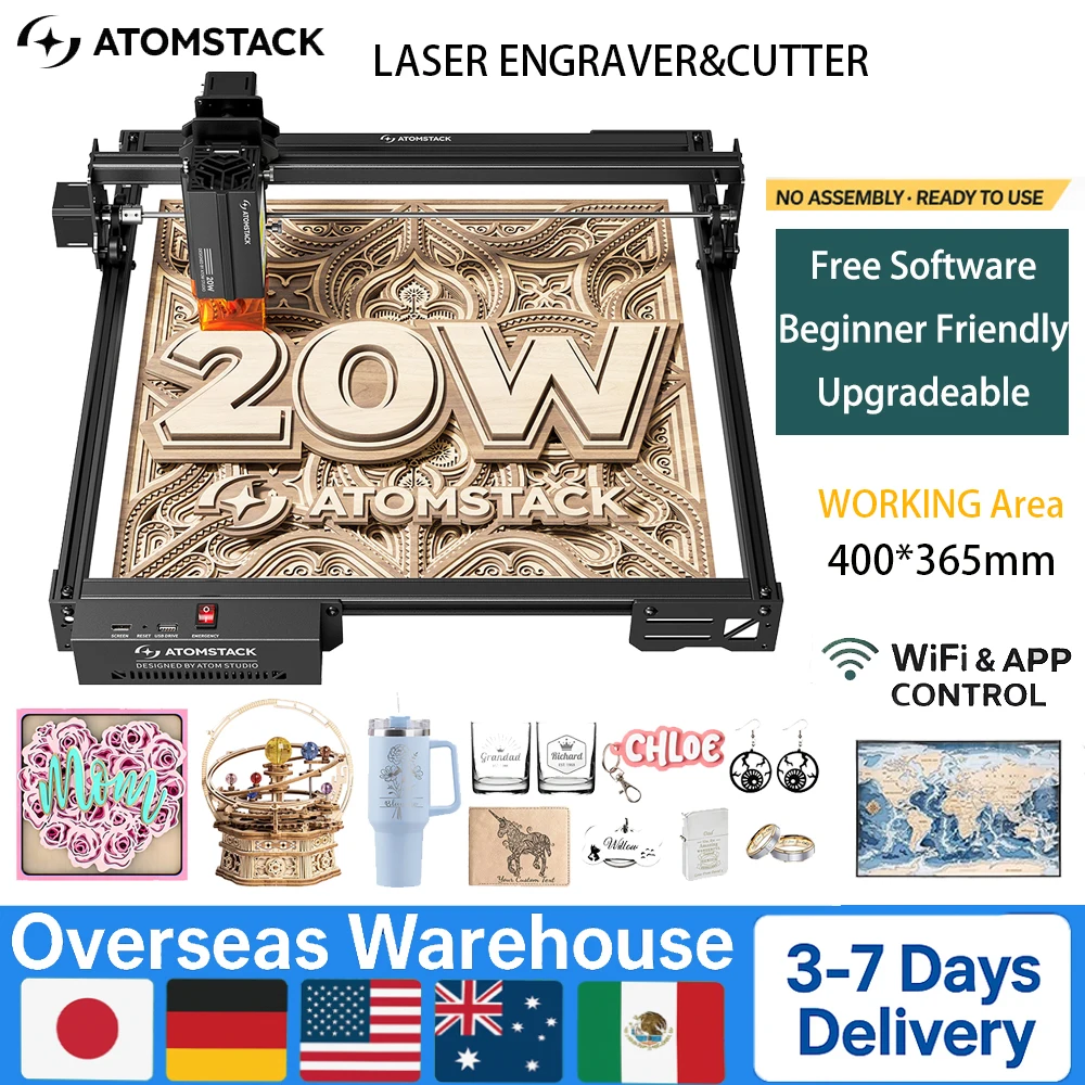 

Atomstack A20 Pro V2 20W Laser Engraver Quad-Laser Cutter WIFI Connectivity 400*365mm For Metal Wood Acrylic Glass