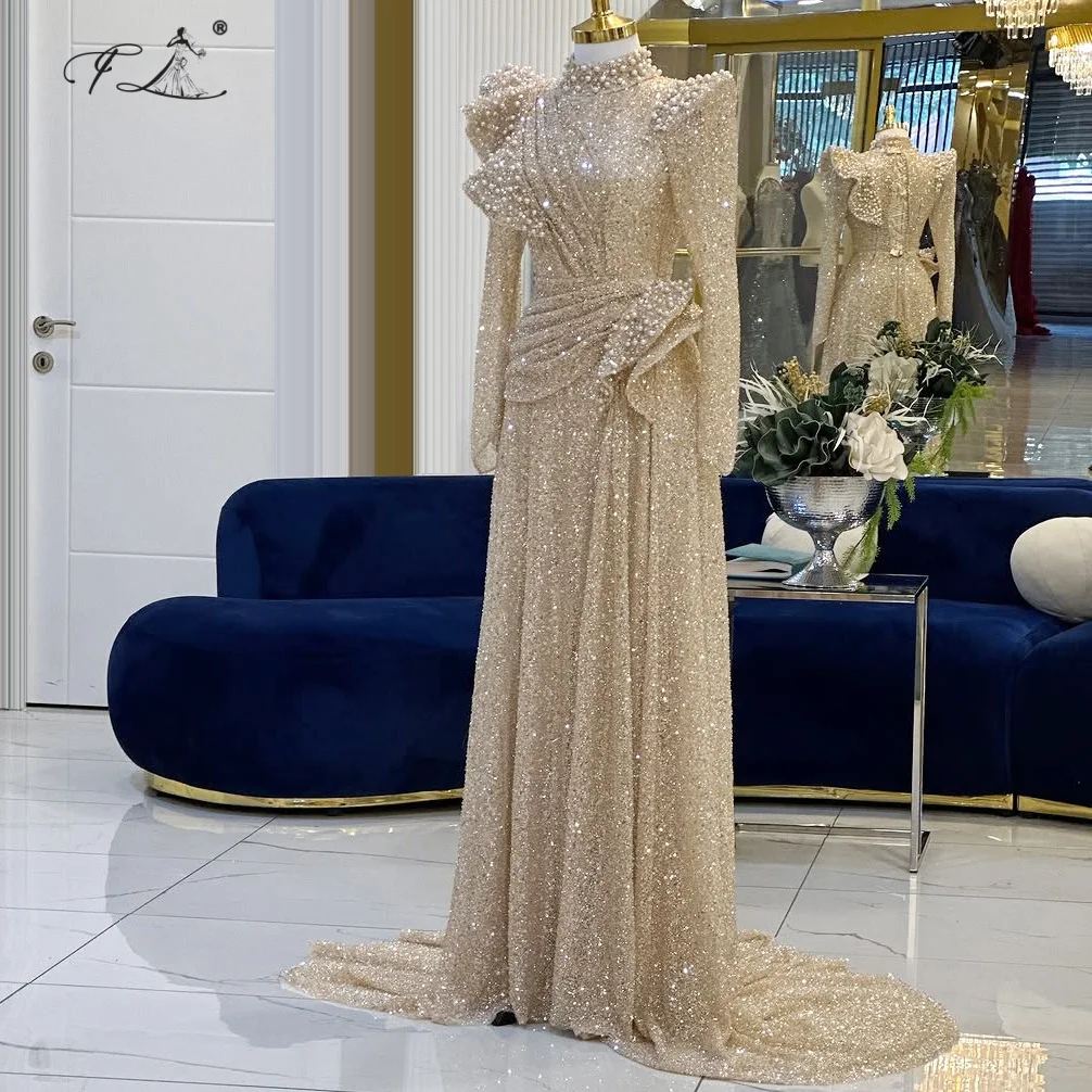 

Sparkly evening dress beaded evening gown champagne ruffle straight dress muslin long ball gown party dress customizable