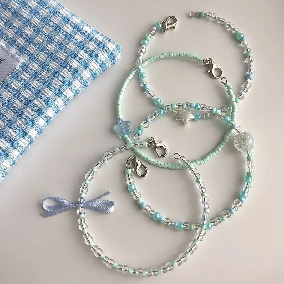 

Sweet Mint Star Bow Rice Bead Bracelet Summer Fresh Colorway Bracelet Top Valentine's Day Gift Choice