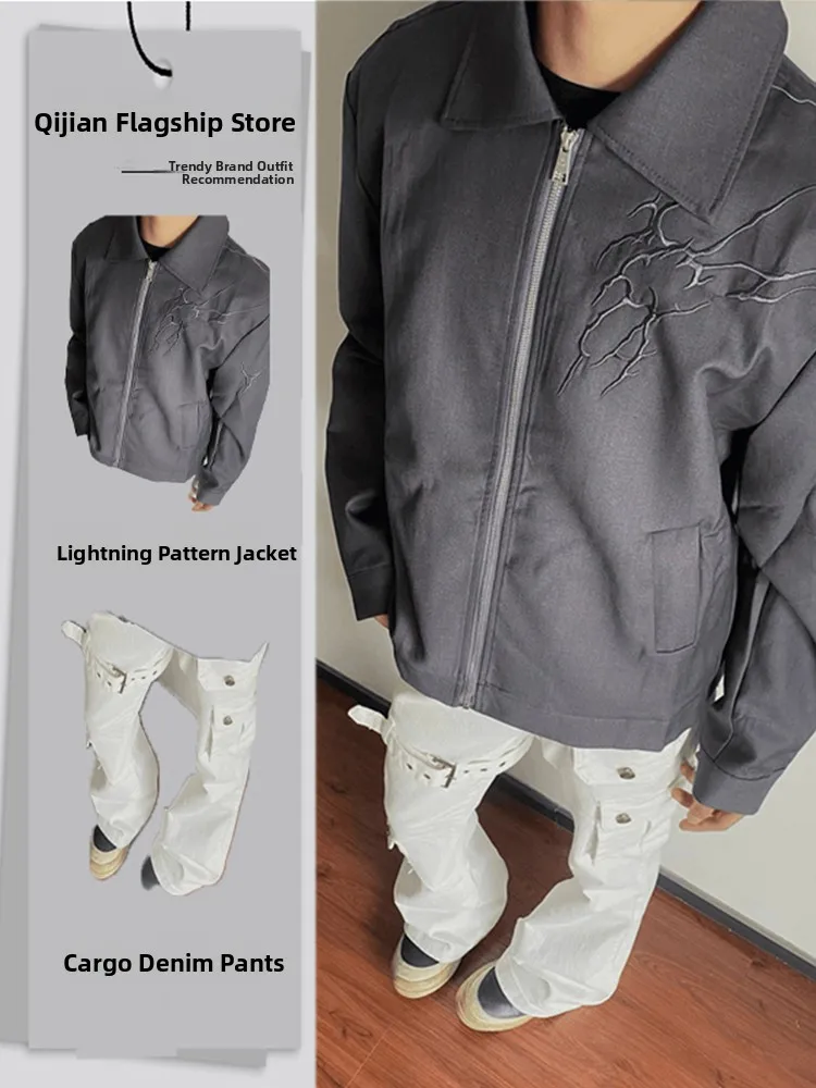 

ey Thunder ort Embroidered Jaet Boys Cool Faion Set with Jeans Two-Piece Set Youth Long Sve Long Pants