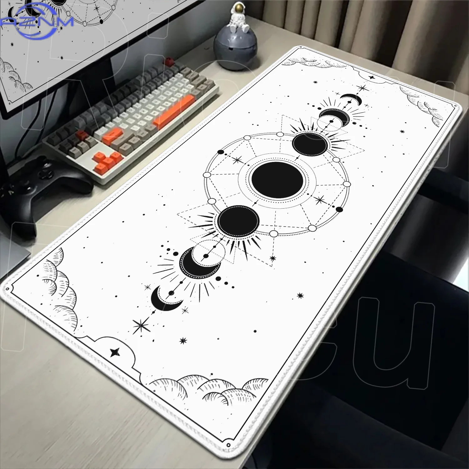 Weiß-Schwarze Schreibtischunterlage Gaming Tarot Astrologie Ästhetisches Leder-Mauspad Cartoon Himmelskörper Mondphasen Rutschfestes Mauspad