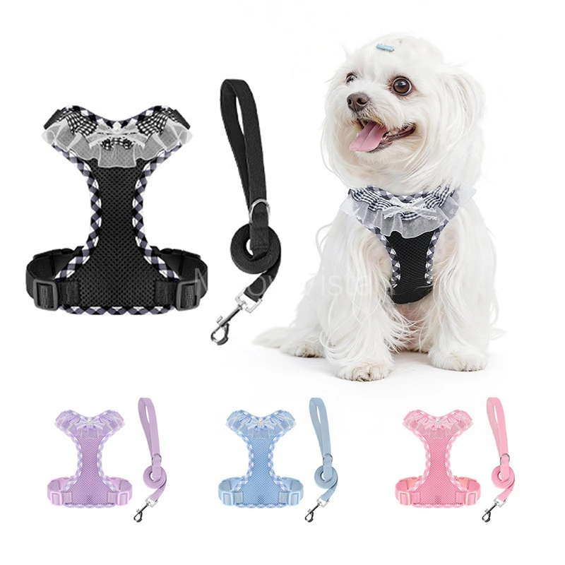 

Sweet Lace Plaid Dog Harness with Leash Soft Breathable Lightweight No-Pull Vest Harness for Small Dogs Cats Chihuahua Yorkie