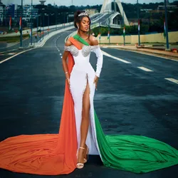 Newest Sexy Aso Ebi Stylished Split Long Mermaid Evening Dresses With Beads Contrast Color Afircan Evening Gowns