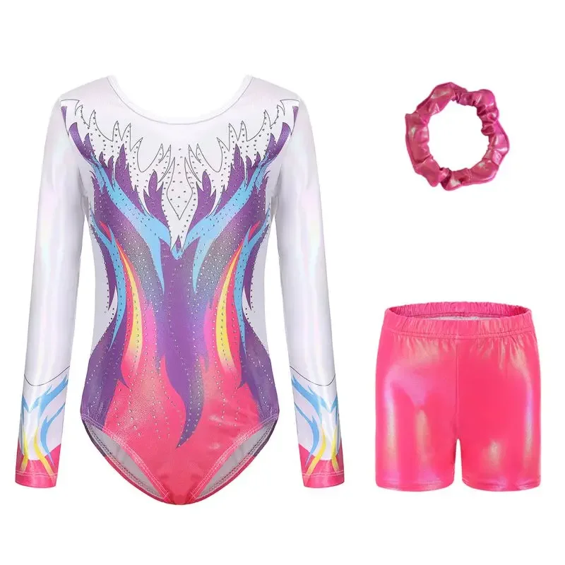 子供女の子長袖バレエダンスレオタードヨガ衣装ソフトボディスーツショーツヘアバンド付きスケートパフォーマンス衣装