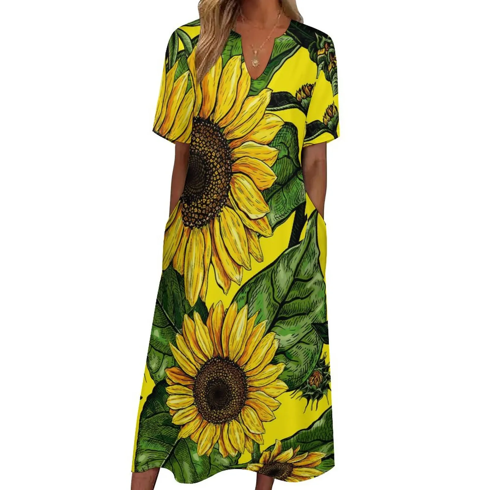 

Retro Sunflower Dress Floral Design Party Maxi Dress Fashion Boho Beach Long Dresses Woman V Neck Graphic Oversized Vestido