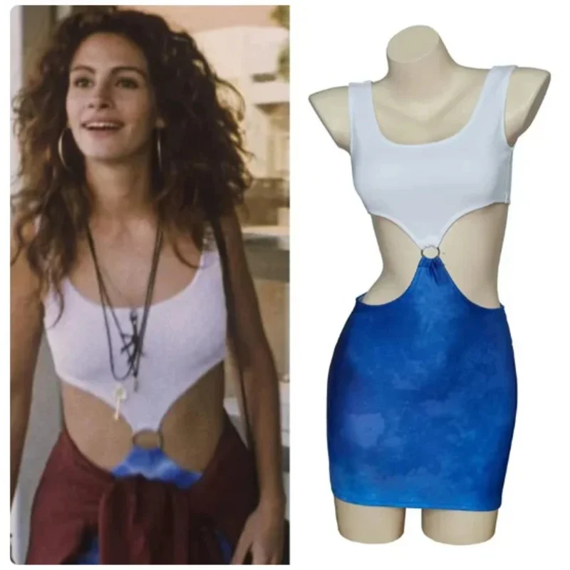 

Movie Pretty Woman Julia Roberts Cosplay Romantic Comedy Film Costume Sexy Blue Bare Waist TieDye Cutout Dress Halloween Cosplay