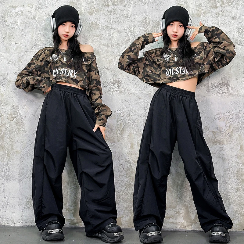 Traje Kpop para niñas, ropa de actuación de baile de Jazz, Top de camuflaje, pantalones sueltos negros, traje de baile callejero, Ropa de baile de Jazz para niños 2292
