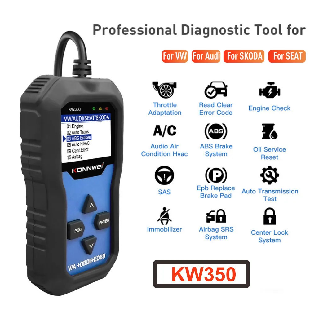 

hot KW350 OBD2 Car Fault Detector for VW/Audi/Skoda/Seat Trip Computer Instrument Car engine/ASBS/Airbag etc. Diagnostic Tool