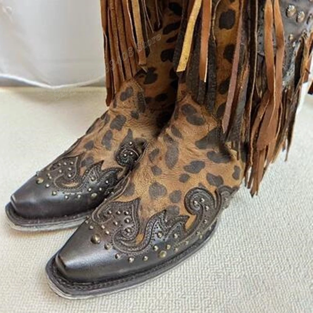 Brown Leopard Tassels Mid Calf Boots Western Boots Design Knight Pointed Toe Chunky Heel Women Shoes 2023 Zapatos Para Mujere