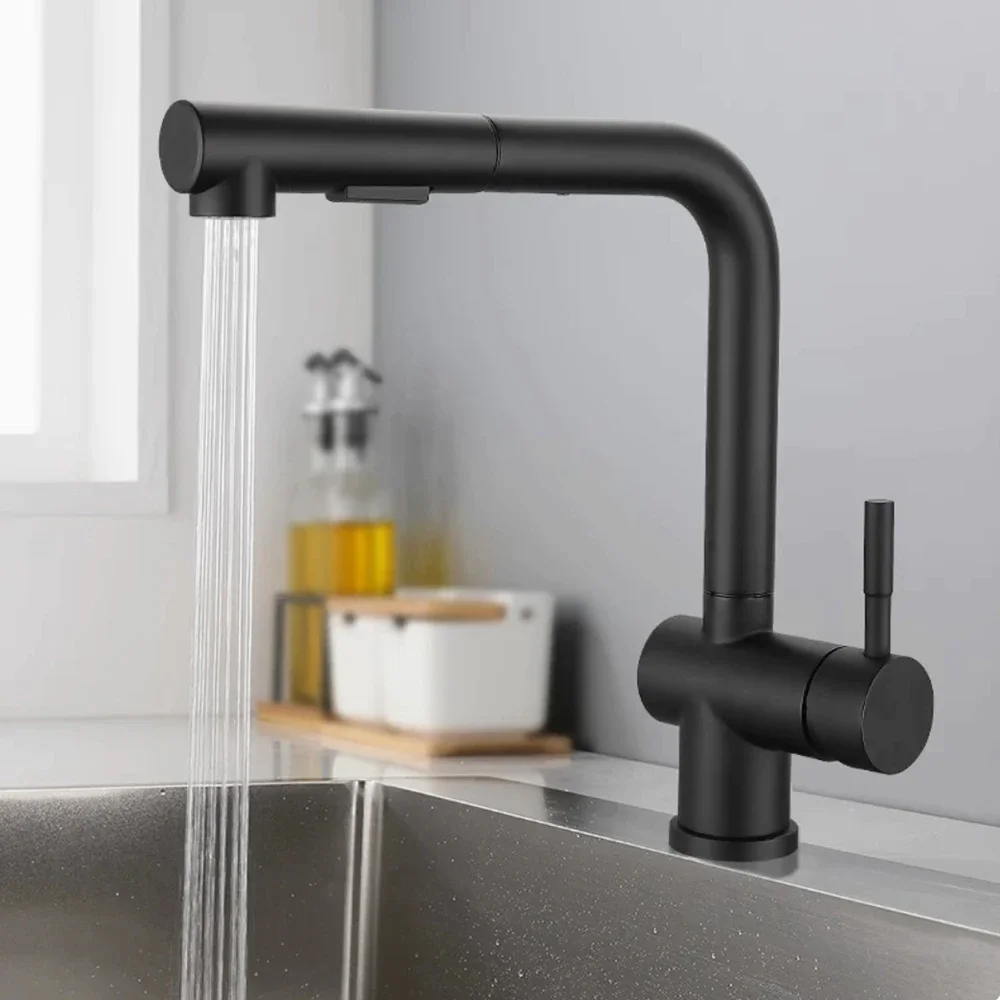 304 Stainless Steel Kitchen Sink Faucet ,Mixer Cold & Hot Water Nozzle Pulling Down 60 cm Length Hose , 360 Rotation 4 COLORS