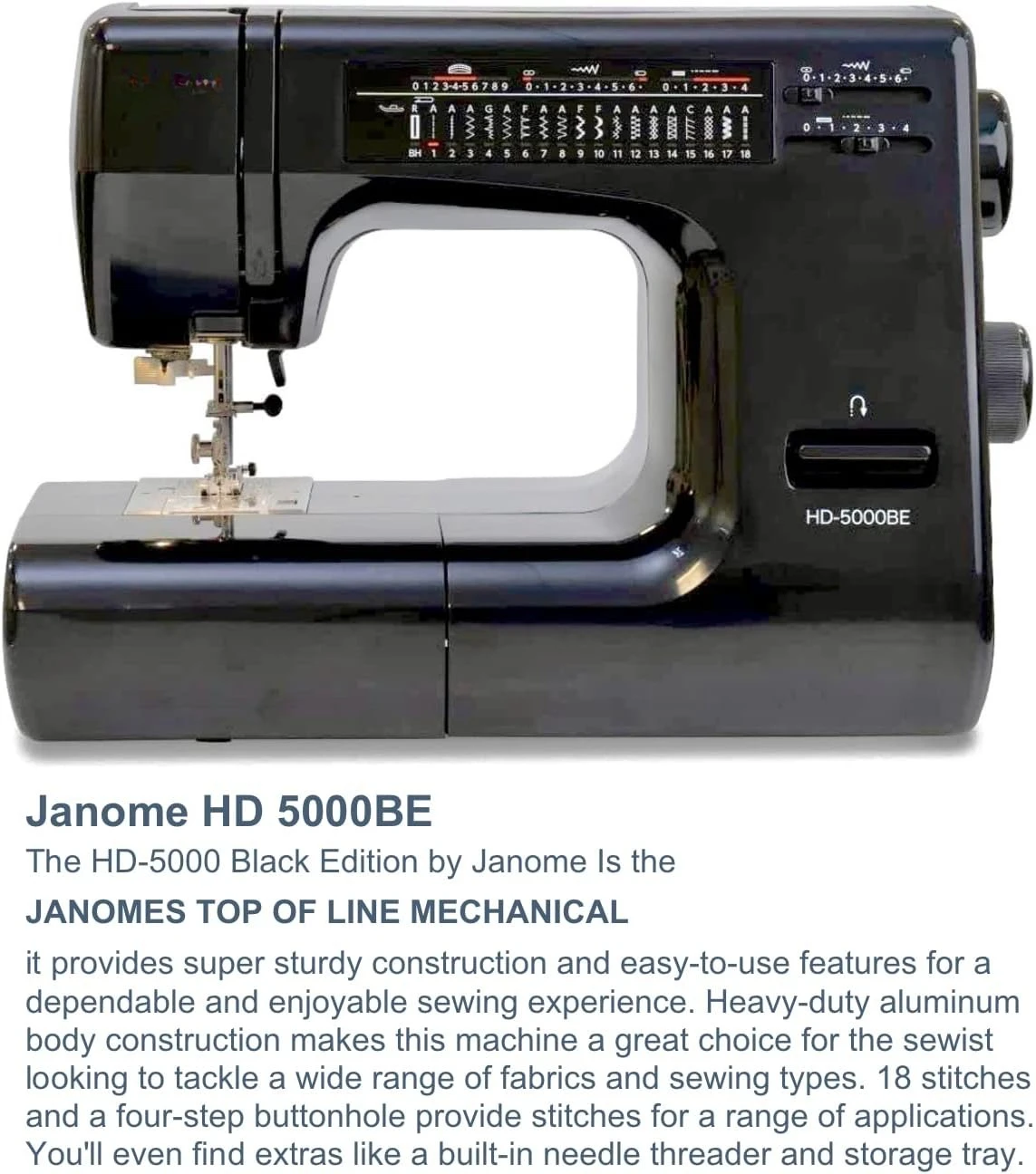 ماكينة خياطة شديدة التحمل HD-5000 ذات إصدار أسود مع جسم من الألومنيوم، 18 غرزة، ذراع مجاني، وخيط إبرة مدمج