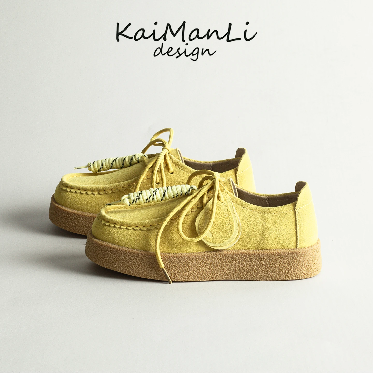 

Yellow Leather Retro Thick Bottom Biscuit Kangaroo Shoes Women's Spring Versatile Tie Casual Deqin Shoes Loafers