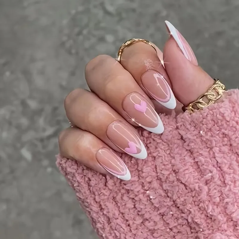 24 pzas Uñas postizas en forma de almendra con diseño de gota de agua, color rosa, estilo lindo europeo y americano, francesas, arte de uñas 2