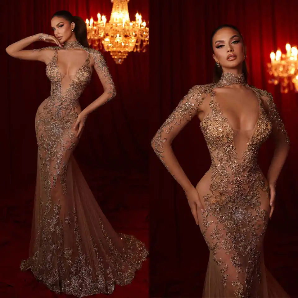 

Luxury Evening Dresses Mermaid Halter Sequins Beads Cut out Long Sleeve Prom Party Dress Vestido De Noite Custom Made