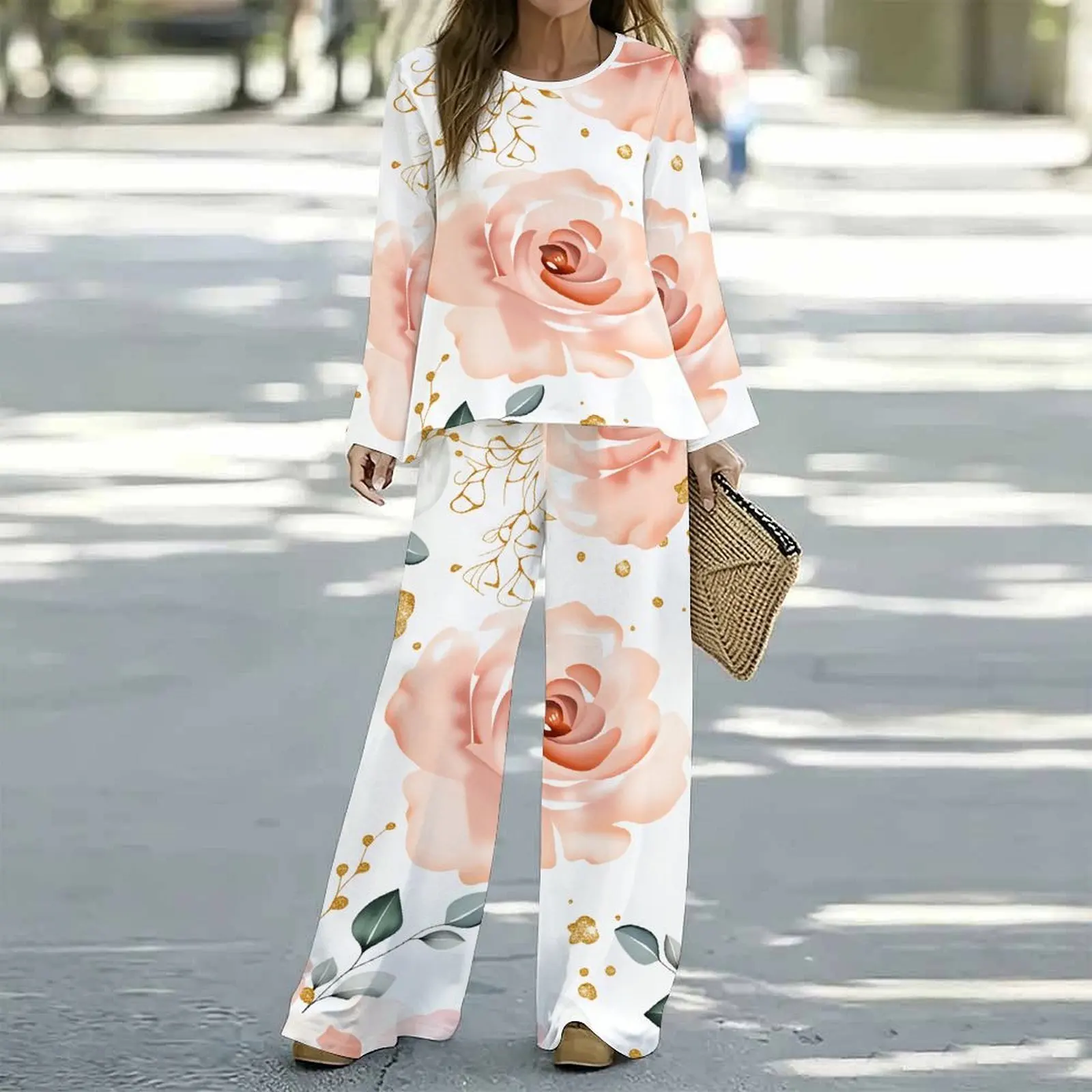 Women Spring/summer Fashion Print Two Piece Set  Exercise Round Neck T-shirt Casual Vacation Sweatpants