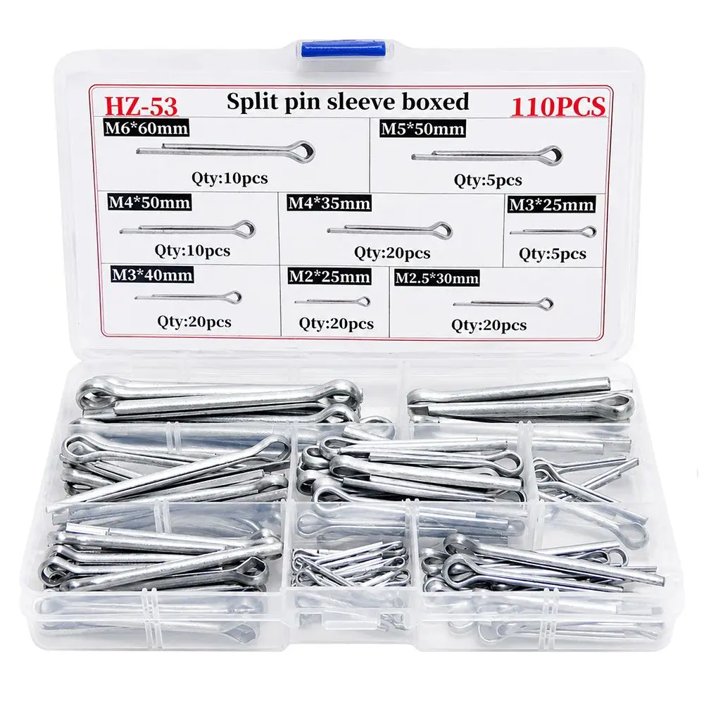 110/350Pcs New Carbon Steel Split Pin Silver Tone Boxed Assortment Fastener Assortment Durable Multi-Size Pin Set Farm Machinery