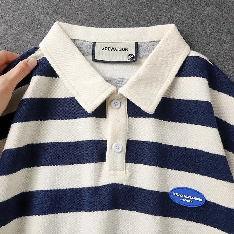 Camisas polo de manga curta listrada masculina, streetwear estilo preppy, roupas masculinas, tops casuais básicos, versáteis, moda verão, nova moda