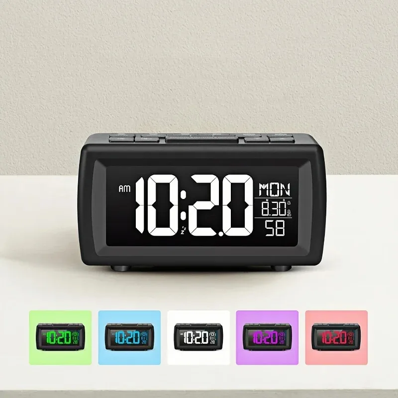 FM Radio Digital Alarm Clock with 7 Light Color Changing Date Week Snooze Table Clock 5 Levels Brightness 12/24H DST LED Clock