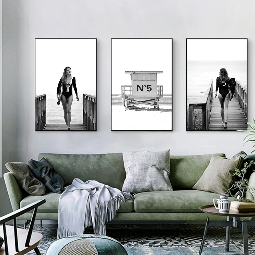 Surf Prints Wall Art Canvas Painting Black White Pictures Modern Lifeguard Photography Posters Print for Living Room Home Decor