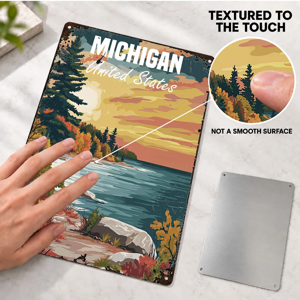 Michigan Landscape Textured Metal Poster Bold Contemporary Illustration Cabin Wall Art Customized Aluminum Sign Collector Gift