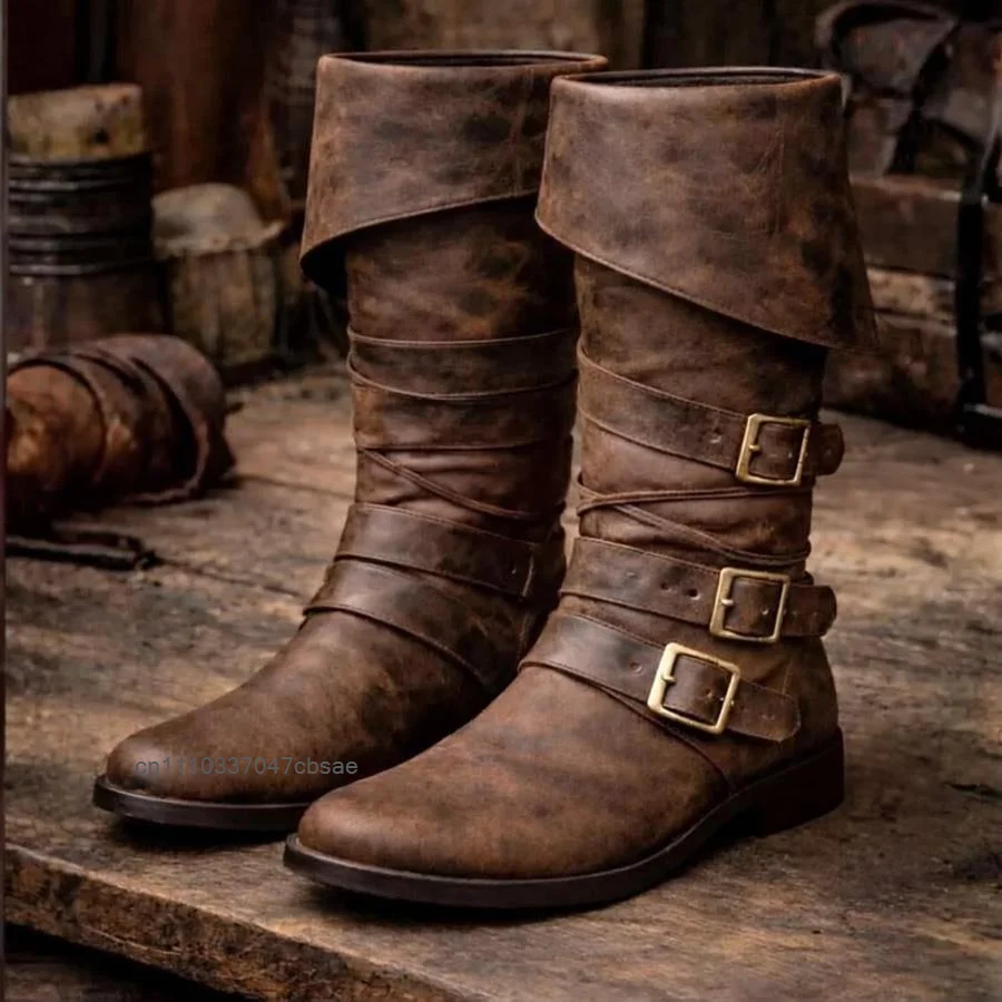 Men Distressed Fold Over Cuff Pirate Mid Calf Boots Medieval Renaissance Captain Cosplay Boots Party Costume Shoes Footwear 2026 4