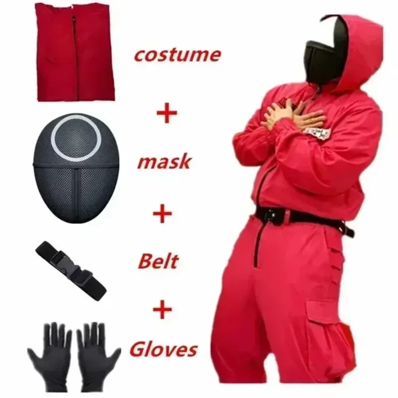 Novo vermelho calamari jogo macacão cosplay festa agasalho roupas adereços role play traje clássico da cinto de tv coreano conjunto máscara completa