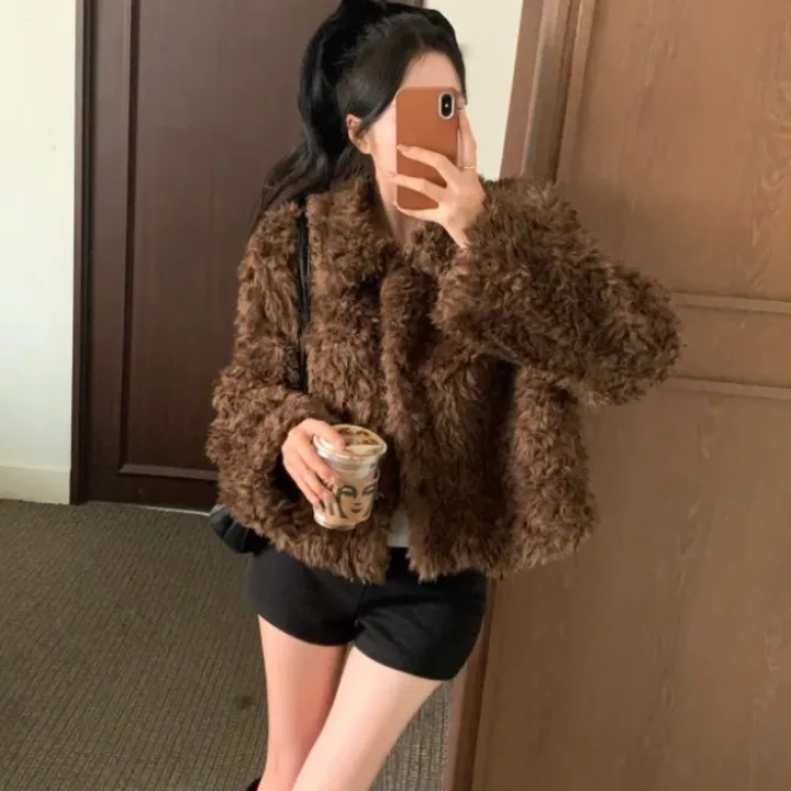 

Women's ort Coat Autumn Winter Vintage Versatile Commute Loose Warm Furry Collar Outerwear Ladies Faion Sle Button Closure