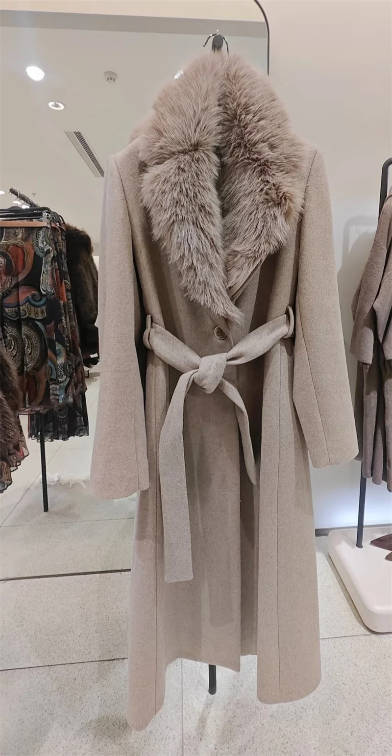 Outono inverno nova chegada feminino longo sve gola de pele com cinto casaco de lã comute sle regular sve tecido poliéster