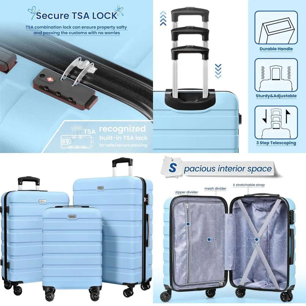 

Комплект чемоданов из 3 предметов: светло-голубые дорожные чемоданы из АБС-пластика с 4 вращающимися колесами и замком TSA — 20, 24, 28 дюймов