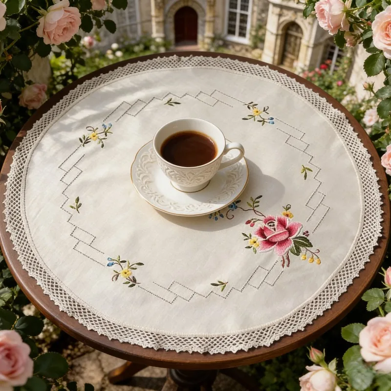 1PC French Retro Pure Cotton Hand-embroidered Hooked Small Tablecloth, Second-hand Multi-purpose  Cover 48cm Handkerchief