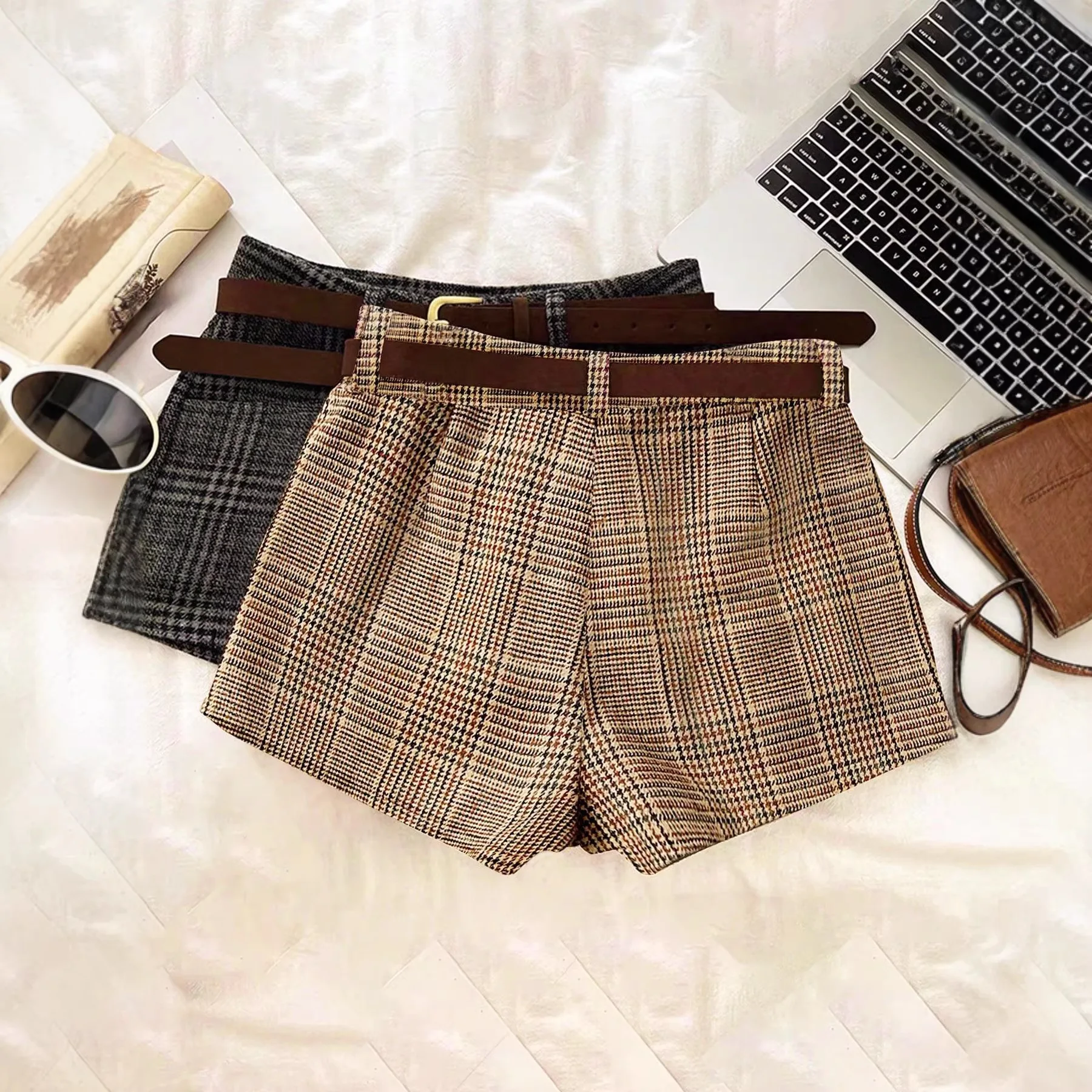 Retro Fashion Versatile Plaid Wool High Waist Slim Suit Shorts Casual Pants